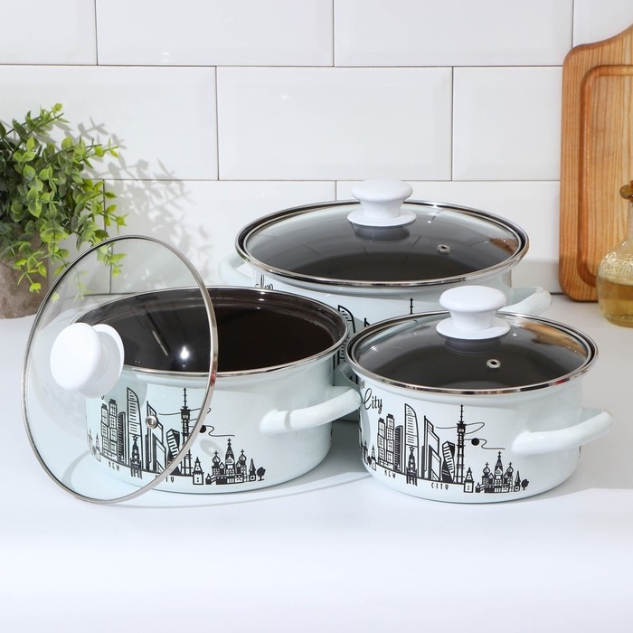 Набор эмалированных кастрюль «Новый город», 3 предмета: 1,5 л, 2,3 л, 3 л, индукция Набор эмалированных кастрюль «Новый город», 3 предмета: 1,5 л, 2,3 л, 3 л, индукция