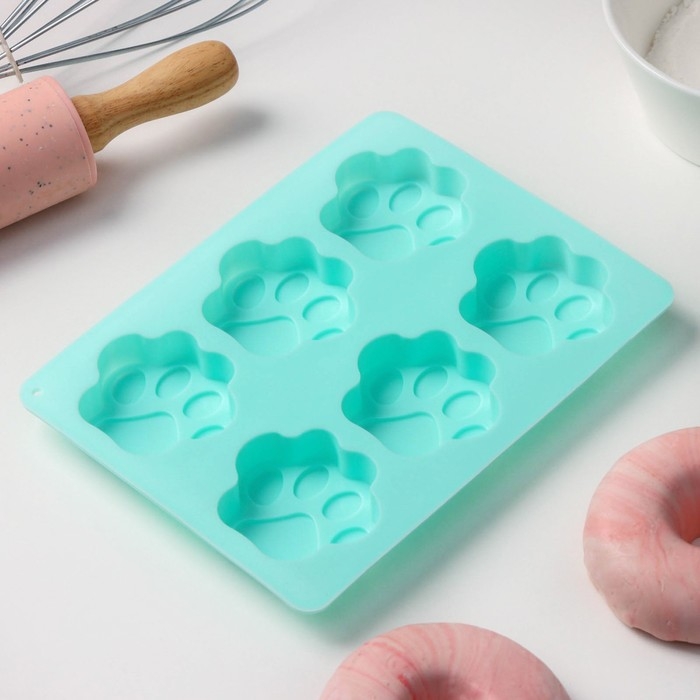 Форма для выпечки Доляна «Животные.Лапка», силикон, 18×13,8 см, 6 ячеек (5×5,4 см), бирюзовая Форма для выпечки Доляна «Животные.Лапка», силикон, 18×13,8 см, 6 ячеек (5×5,4 см), бирюзовая