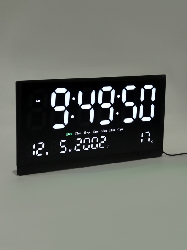 Часы электронные настенные, календарь и термометр, 47.5 х 25.3 см, белые цифры 10.8 х 5.3 см   10766