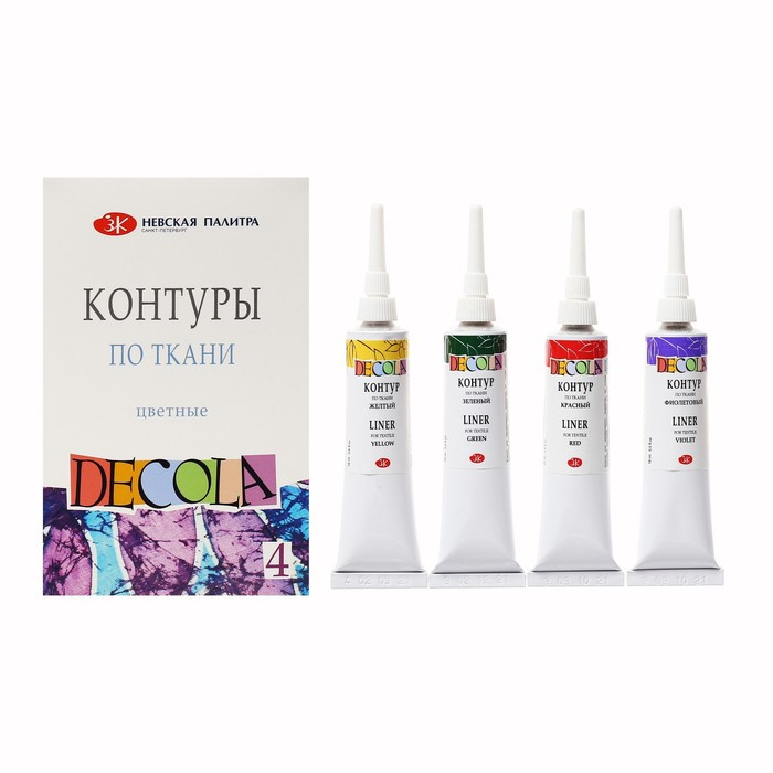 Набор контуров по ткани 4 цвета х 18 мл, ЗХК Decola, жёлтый, фиолетовый, красный, зелёный (544137) Набор контуров по ткани 4 цвета х 18 мл, ЗХК Decola, жёлтый, фиолетовый, красный, зелёный (544137)