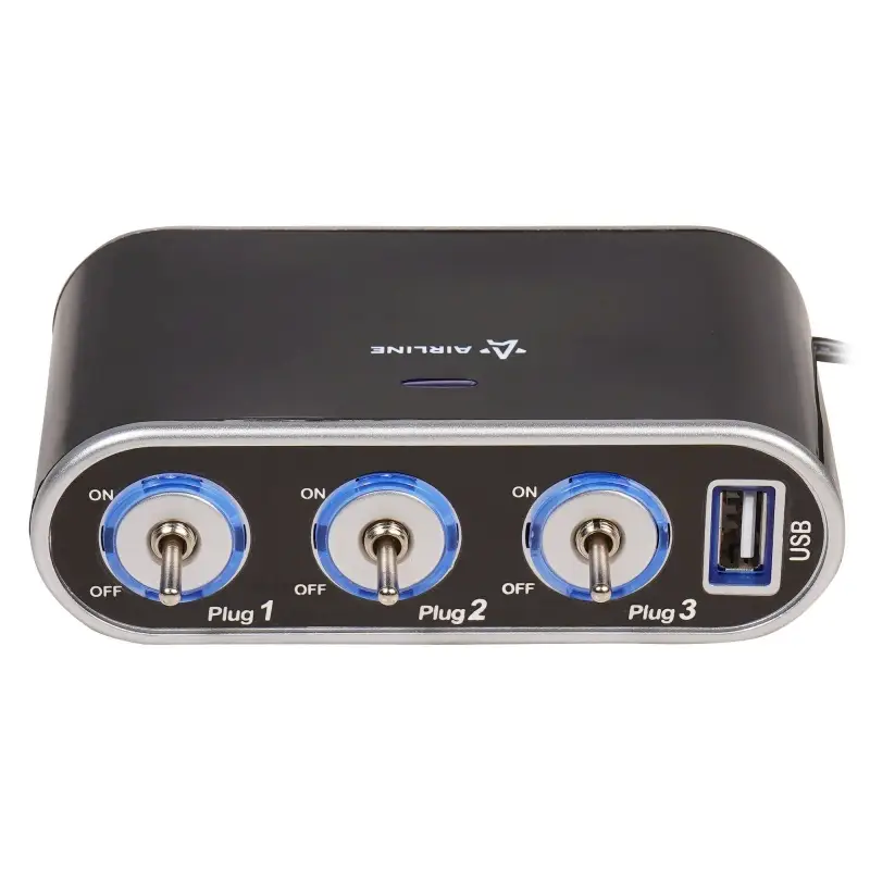 Прикуриватель-разветвитель 3 гнезда 5А + USB 1A, с выключателями нагрузки