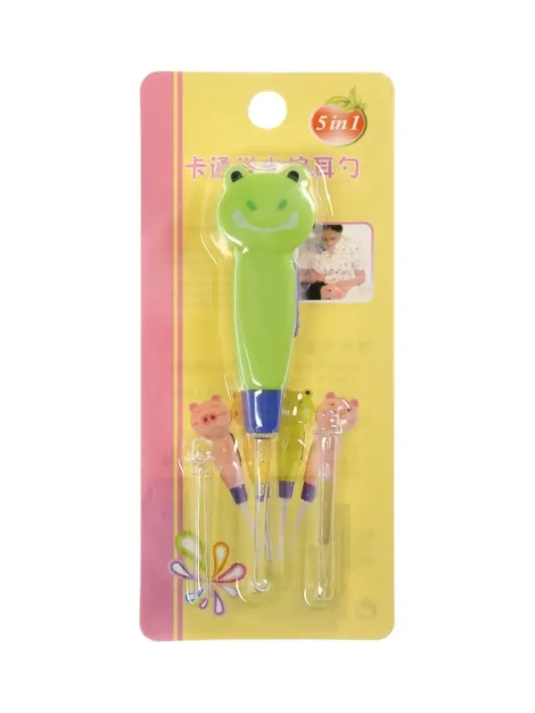 Палочка для чистки ушей LES-02, LED-подсветка, 3 насадки, от батареек, лягушка