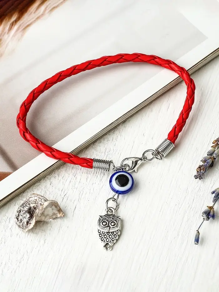 Браслет-оберег &laquo;Красная нить&raquo;, сова с бусиной, синий с чернёным серебром, L=18 см