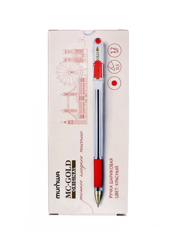 Ручка шариковая MunHwa. MC Gold, красный стержень, узел 0.5 мм, резиновый упор