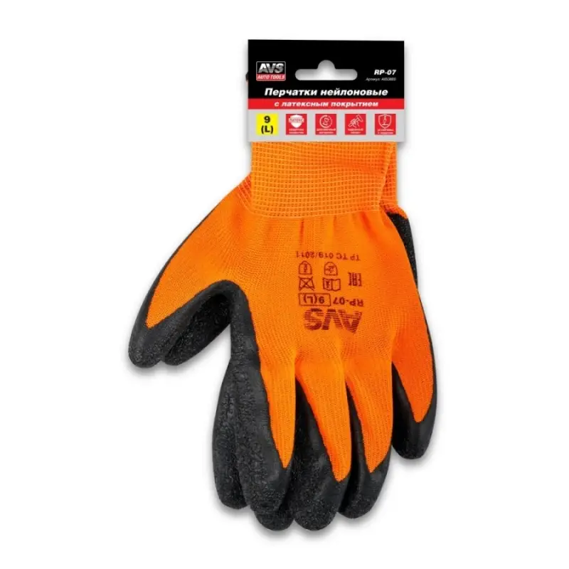 Перчатки нейлоновые с ребристым латексным покрытием (оранжево-черные) 1 пара AVS RP-07