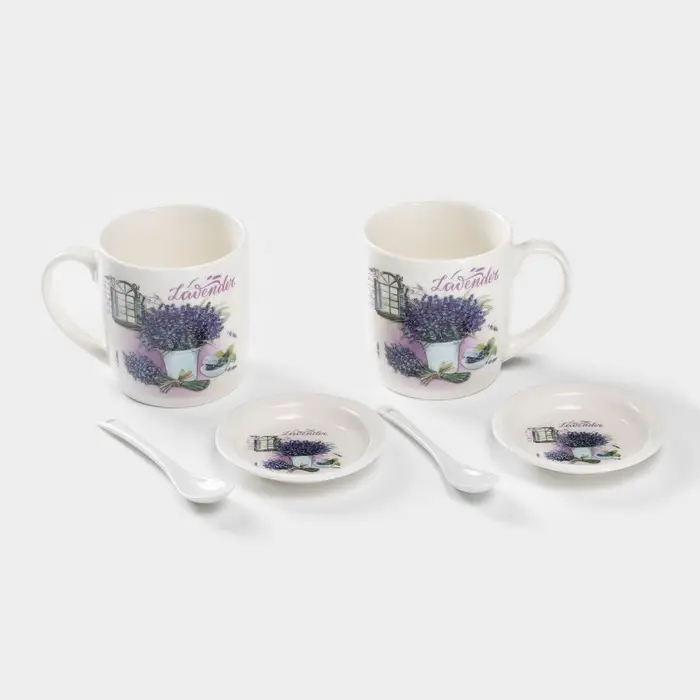 Набор кружек с ложками и подставками &laquo;Букет лаванды&raquo;, 2 предмета: 330 мл, керамика, рисунок МИКС