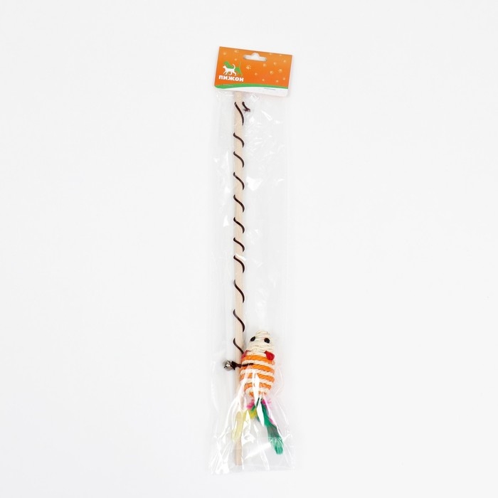 Дразнилка с  мышкой (7 см) на деревянной палочке, 40 см, оранжевая/белая Дразнилка с  мышкой (7 см) на деревянной палочке, 40 см, оранжевая/белая