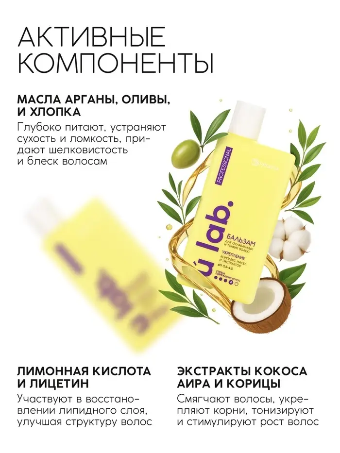 Профессиональный укрепляющий бальзам для ломких волос с комплексом масел и экстрактов, 250 мл ULAB