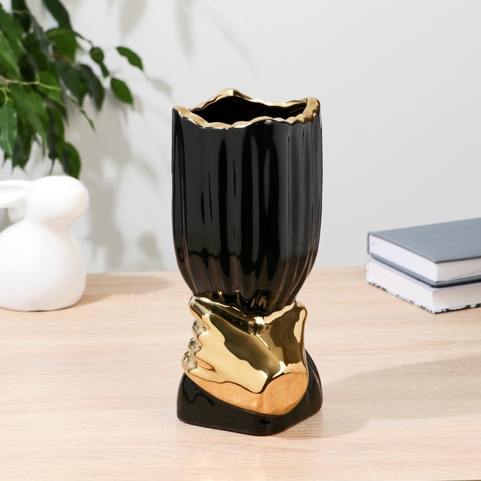 Керамическая ваза декоративная настольная &laquo;Дерк&raquo; полосы, для цветов, сухоцветов, d-9.5 см, h-24.5 см, золотисто-чёрный