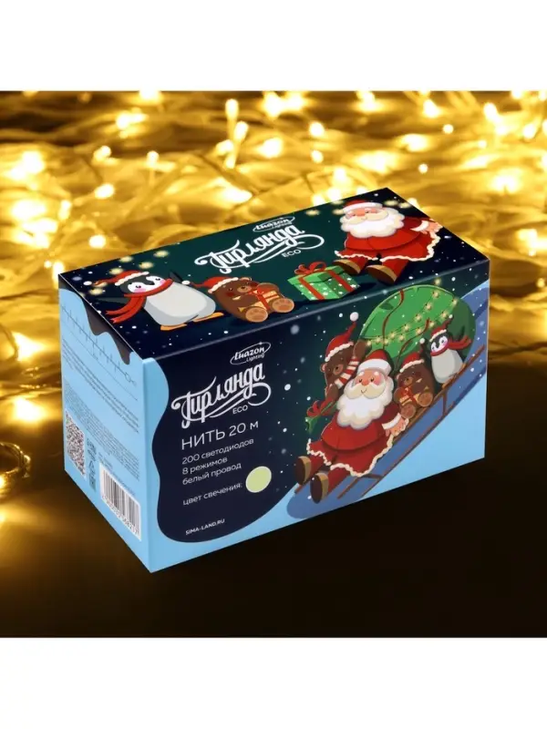 Гирлянда &laquo;Нить&raquo; 20 м, IP20, белая нить, 200 LED, свечение тёплое белое, 8 режимов, 220 В