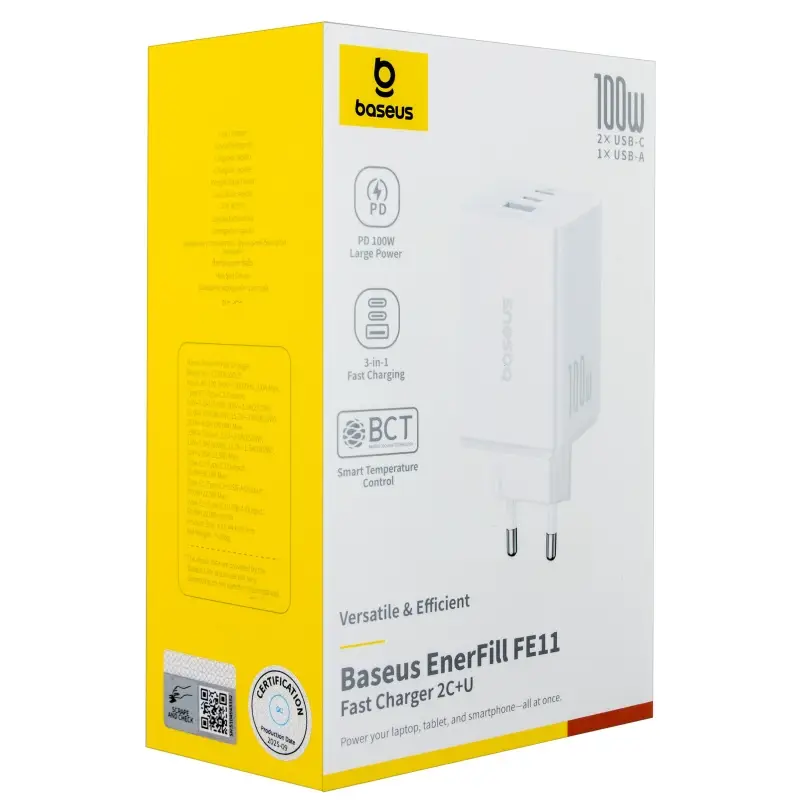 Переходник сетевого зарядного устройства на USB + 2 Type-C PD100W P10182102213-00 Baseus белый