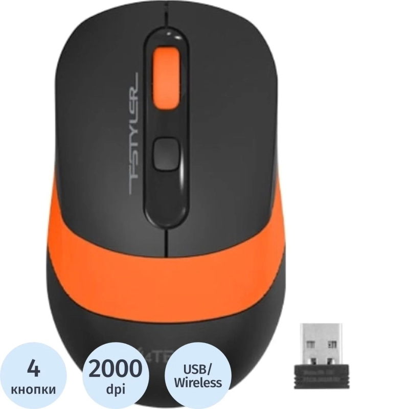 Мышь компьютерная A4 Fstyler FG10, беспроводная, 2000dpi, черный/оранжевый