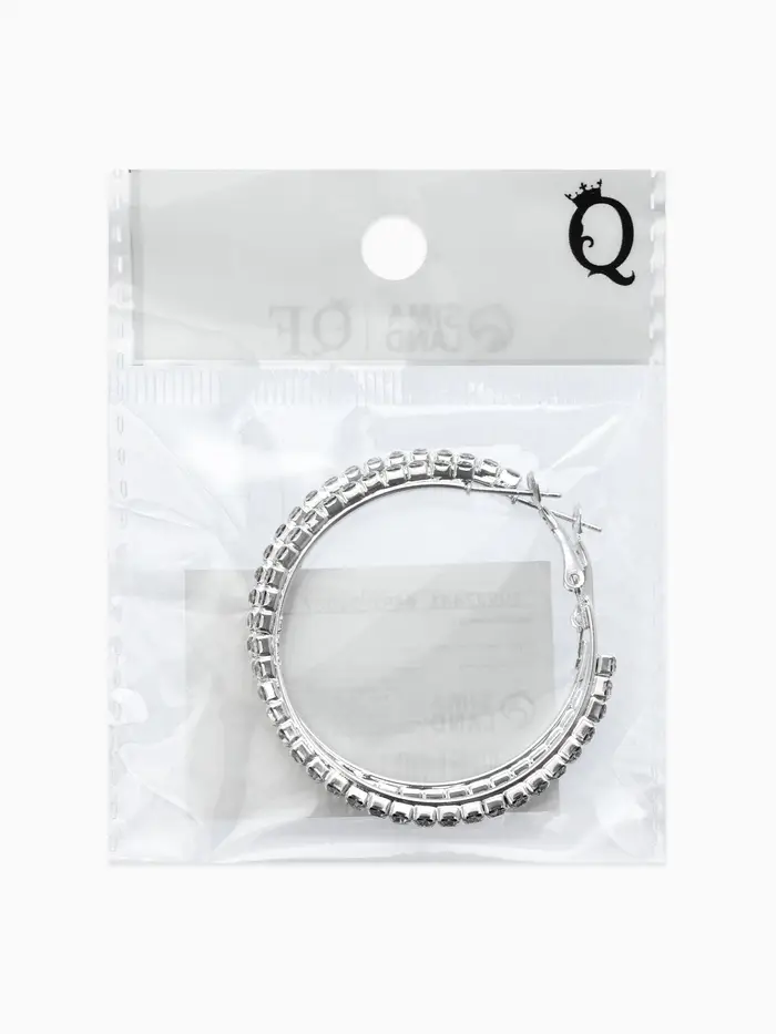 Серьги-кольца со стразами d=4.5 см, белые в серебре