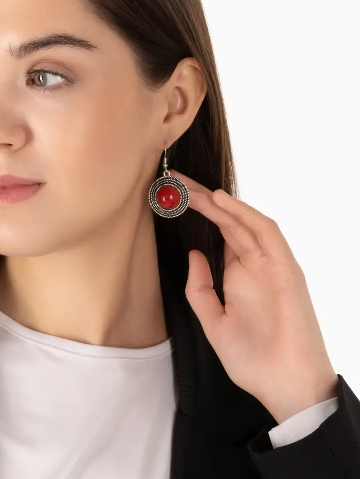 Серьги &laquo;Круг&raquo;, винтаж, красные в чернённом серебре