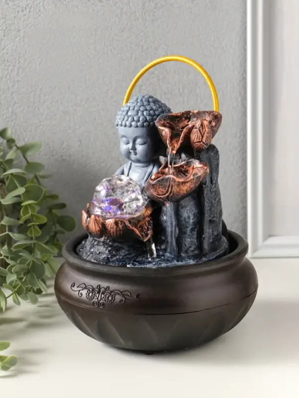 Фонтан настольный от сети, подсветка "Будда с лотосами - благополучие" 16х16х22 см