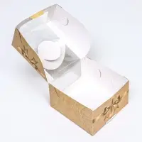 Коробка под бенто - торт с окном «Золотой бант», 14×14×8 см
