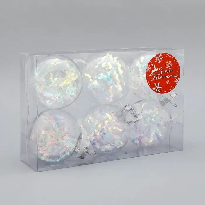 Ёлочные игрушки &laquo;Льдинка - серпантин&raquo;, шары новогодние, d=6 см, набор 6 шт., прозрачный