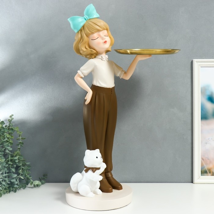 Сувенир полистоун подставка  Сувенир полистоун подставка "Девочка с голубым бантом и кошечкой" d=26 см 76х27х35 см