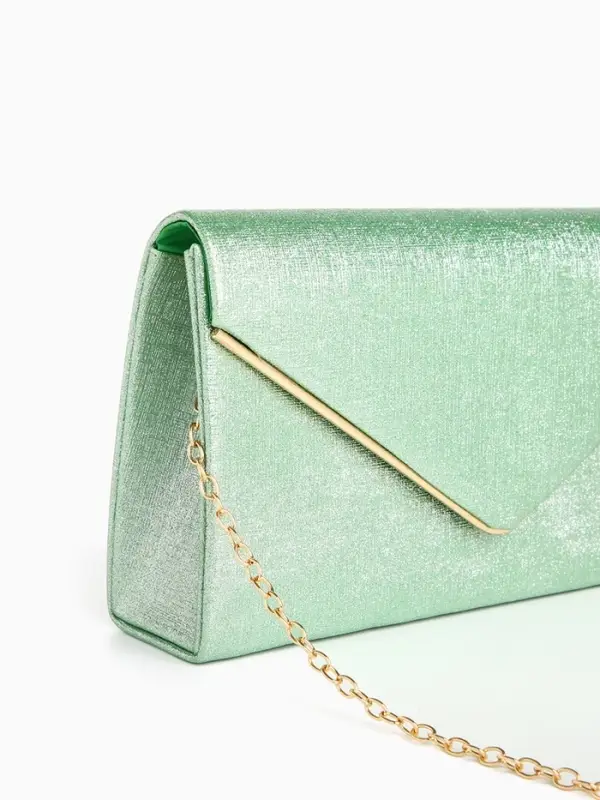 Сумка-клатч женская вечерняя на магните, на золотистой цепочке, мерцающая, светло-зелёная