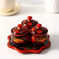 Набор для специй на подставке &laquo;Земляничка&raquo;, 15&times;15&times;6 см, дерево, хохлома, МИКС