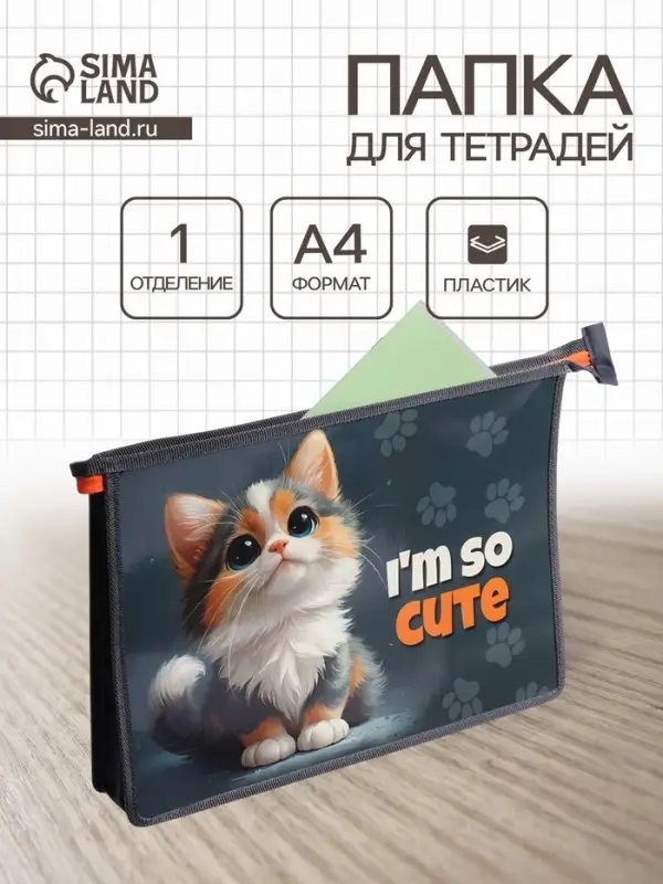 Папка для тетрадей А4 &laquo;Котенок&raquo;, молния сверху, ламинированный картон