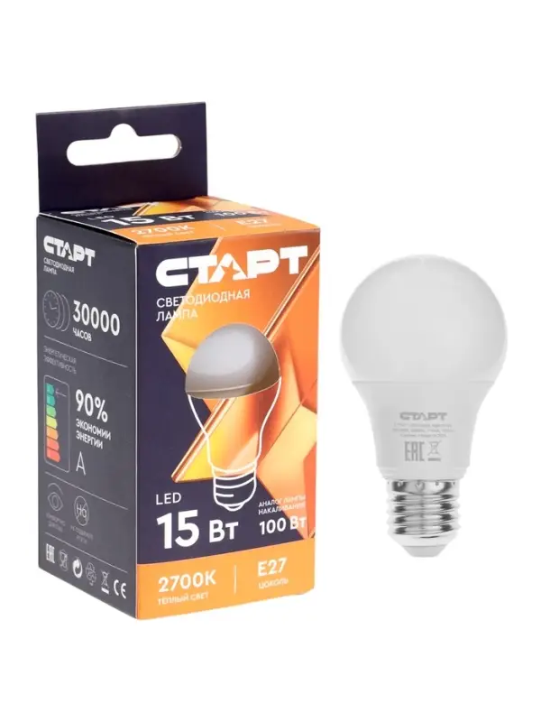 Лампа светодиодная СТАРТ, 15 Вт, Е27, 2700К, 1200 лм, матовая, свечение тёплое белое