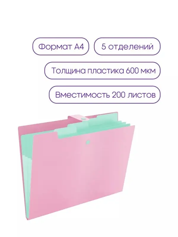 Папка А4, 5 отделений, Calligrata, 600 мкм, на кнопке, розовая, матовая Папка А4, 5 отделений, Calligrata, 600 мкм, на кнопке, розовая, матовая