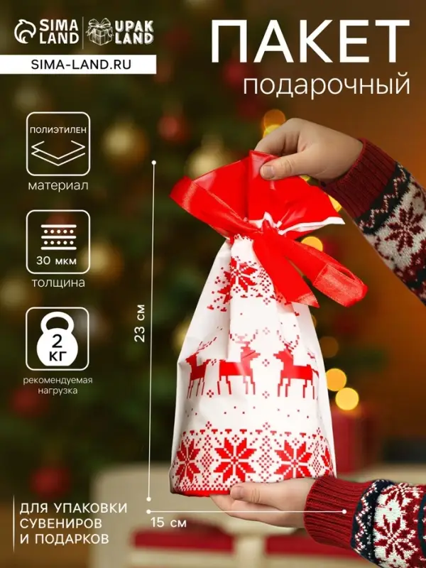 Пакет полиэтиленовый подарочный, с завязками &laquo;Новогодний узор&raquo;, 15&times;23 см