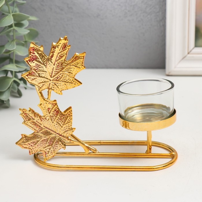 Подсвечник металл на 1 свечу  Подсвечник металл на 1 свечу "Кленовые листья" d=4,5 см золото 5,8х13х13 см