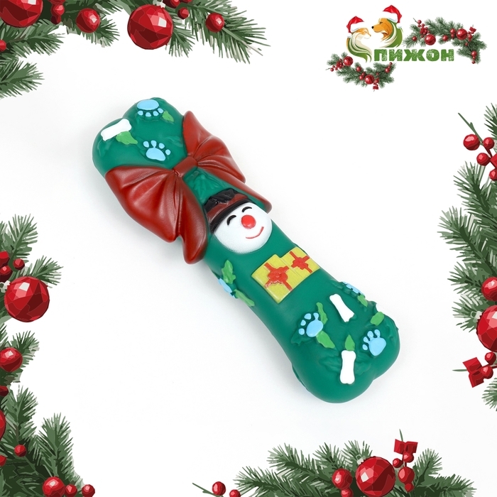 Игрушка пищащая для собак Игрушка пищащая для собак "Новогодняя кость с бантиком", виниловая, 18 х 5,6 х 4 см, зелёная