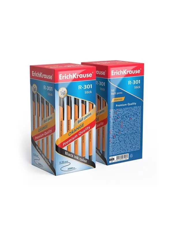 Ручка шариковая ErichKrause R-301 Orange Stick, узел 0.7 мм, чернила чёрные, длина линии письма 2000 метров, штрихкод на ручке