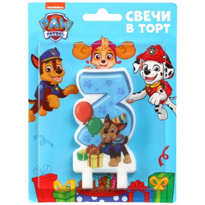 Свеча в торт цифра 3 Свеча в торт цифра 3 "С Днем рождения", Щенячий патруль, 8,5×5 см