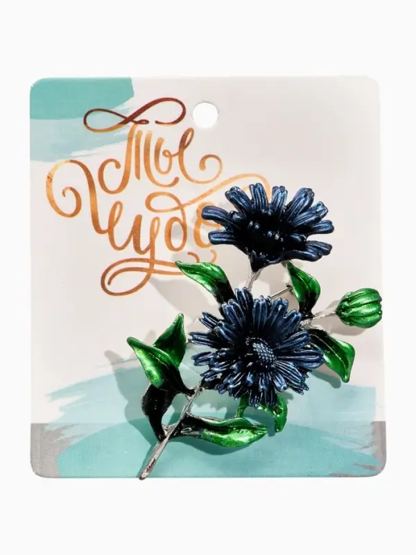Брошь &laquo;Цветы Календулы&raquo;, синяя, зелёный в серебре