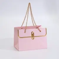 Пакет переноска для цветов, ручка цепь, &laquo;Розовый&raquo;, с золотым тиснением, 15&times;10.5&times;10 см