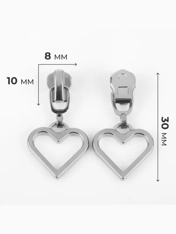 Бегунок для металлической молнии, №3, &laquo;Сердце&raquo;, 10 шт., цвет никель