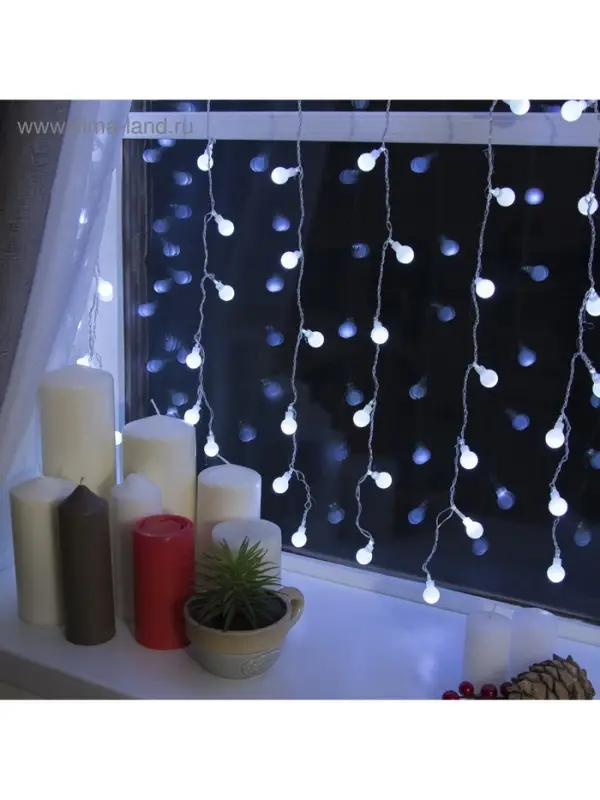 Гирлянда &laquo;Занавес&raquo; 2&times;1.5 м с насадками &laquo;Шарики&raquo;, IP20, прозрачная нить, 360 LED, свечение белое, 8 режимов, 220 В