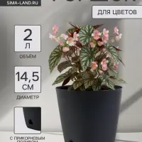 Горшок для цветов &laquo;Гранд&raquo;, 2 л, d=14.5 см, h=15 см, пластиковый, с прикорневым поливом, графитовый
