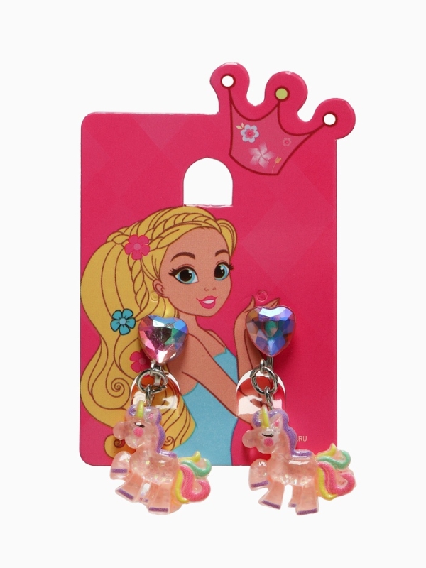 Серьги-клипсы детские  Серьги-клипсы детские "Выбражулька" единорог с сердцем кристалл, цветные