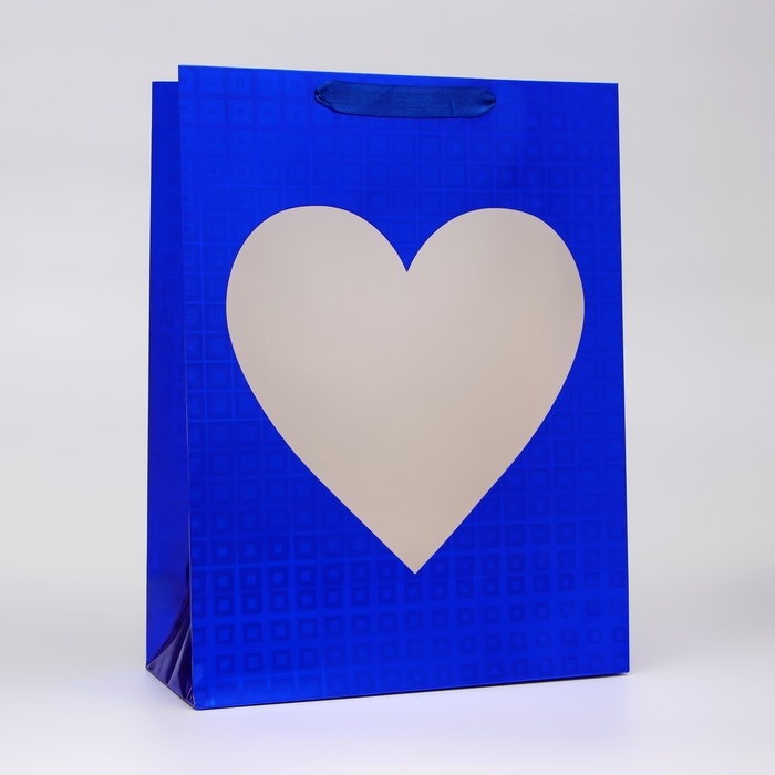 Пакет подарочный, фольгированный, упаковка, с окном  Пакет подарочный, фольгированный, упаковка, с окном "Сердце", "Синий", L 40 х 30 х 13 см