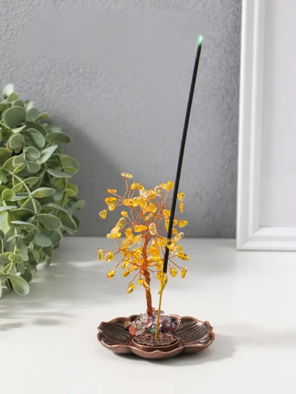 Подставка под благовония "Дерево на цветке" жёлтый 72 камня 9х9х13,5 см