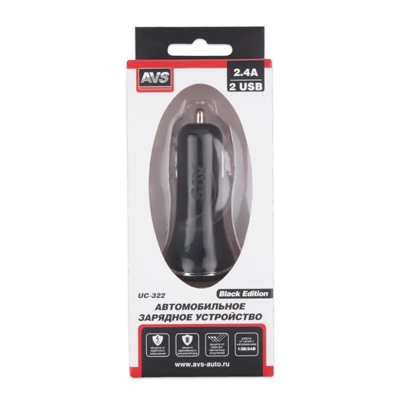 Автомобильное ЗУ AVS UC-322, 2 USB, 2.4 A, 12 Вт, черный (A07281S)