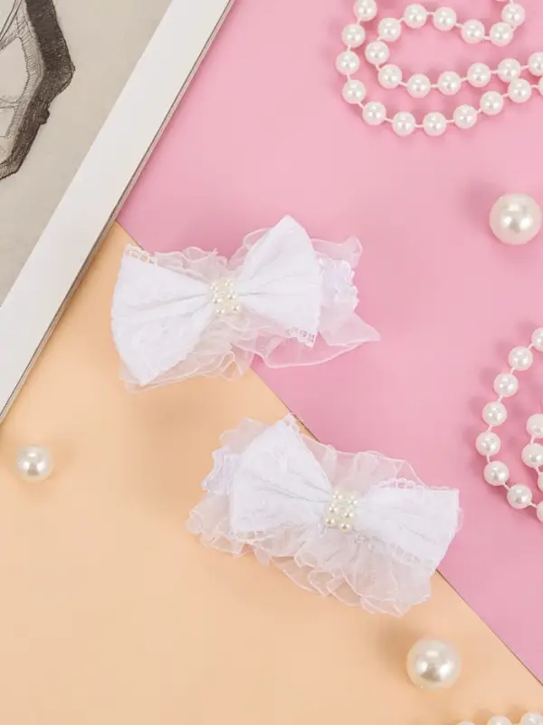 Резинки для волос Выбражулька &laquo;Рюши&raquo;, набор 2 шт., банты с бусинками и кружево, белые