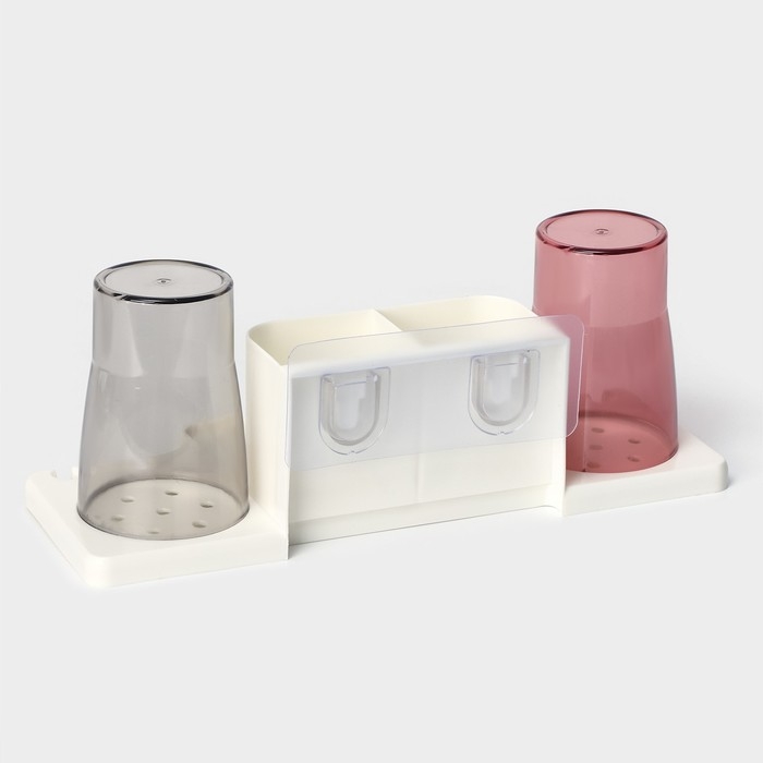 Держатель для зубных щеток настенный, с 2 стаканами на липучках, 31×9×14 см, цвет белый