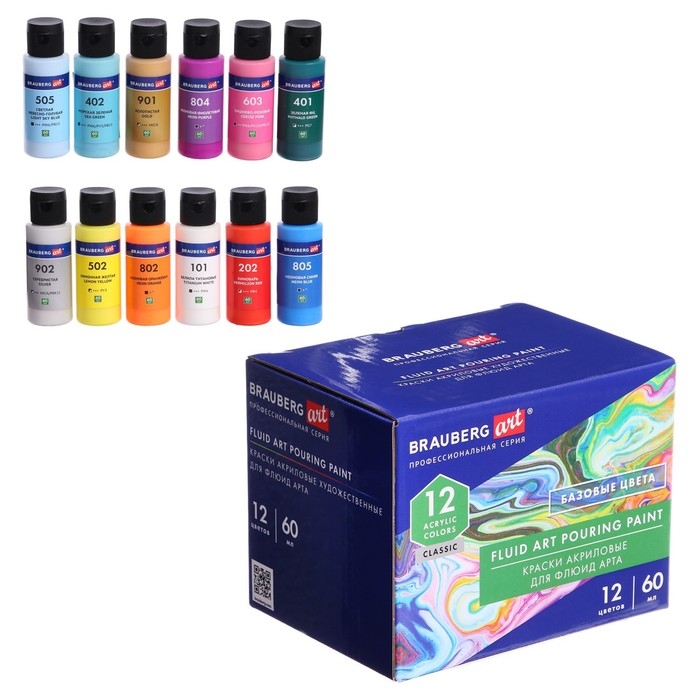 Краска для техники Краска для техники "Флюид Арт", набор 12 цветов х 60 мл, BRAUBERG,