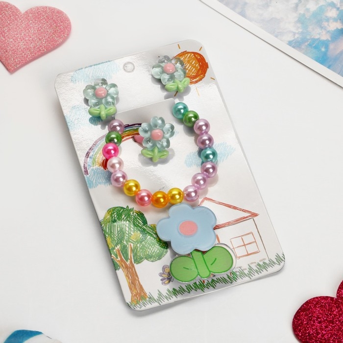 Комплект детский «Выбражулька» 4 предмета: заколка, клипсы, браслет, кольцо, цветики, цветной Комплект детский «Выбражулька» 4 предмета: заколка, клипсы, браслет, кольцо, цветики, цветной