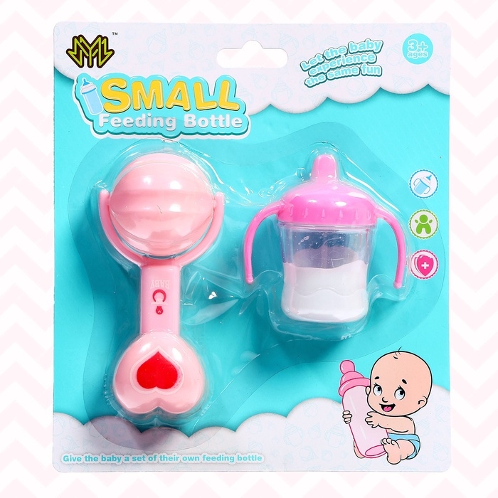 Набор аксессуары для пупса: бутылочка, погремушка Набор аксессуары для пупса: бутылочка, погремушка