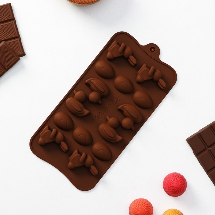 Форма для конфет и шоколада Доляна «Зайцы, утки и яйца», силикон, 22×10,2×1,4 см, 14 ячеек, цвет коричневый Форма для конфет и шоколада Доляна «Зайцы, утки и яйца», силикон, 22×10,2×1,4 см, 14 ячеек, цвет коричневый