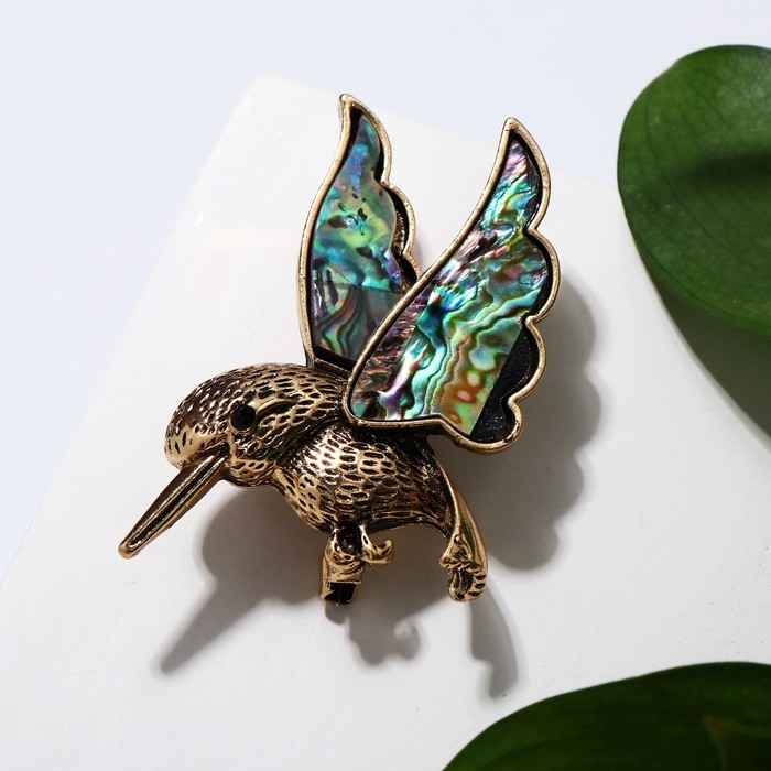 Брошь «Галиотис» колибри, цвет зелёный в чернёном золоте Брошь «Галиотис» колибри, цвет зелёный в чернёном золоте