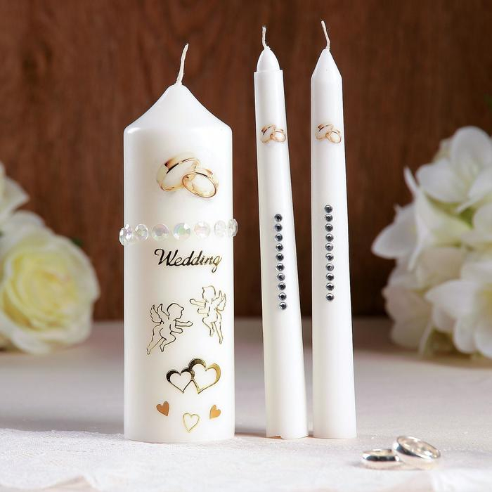 Набор свадебных свечей с бусинами  Набор свадебных свечей с бусинами "Обручальные кольца", белый, ручная работа, микс