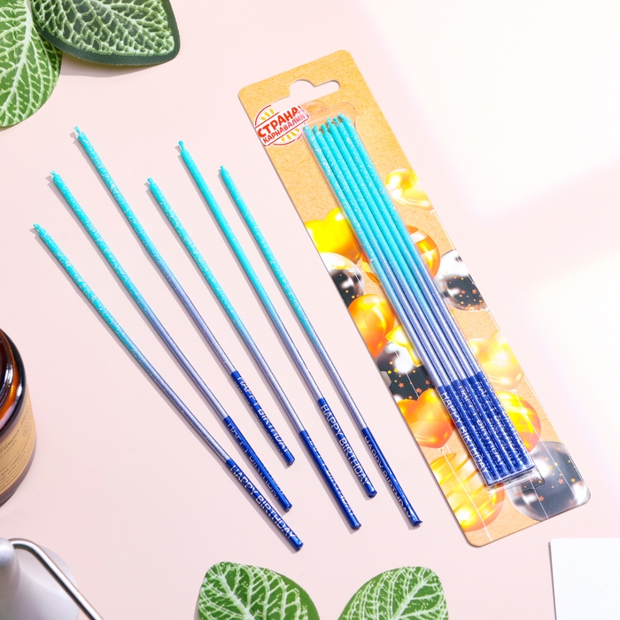 Набор свечей в торт, 6 штук Набор свечей в торт, 6 штук "Happy", 17 см, голубой с синим